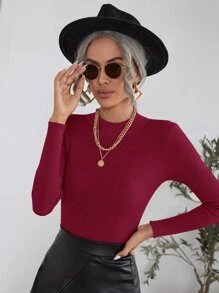 SHEIN Clasi Áo len nữ Gân đan màu trơn Cơ bản - Màu Đỏ Sâu - Xem 1
