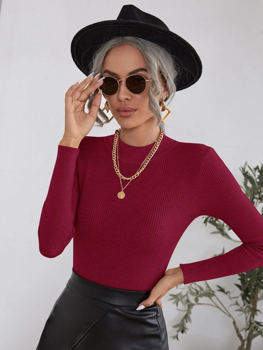 SHEIN Clasi Áo len nữ Gân đan màu trơn Cơ bản - Màu Đỏ Sâu - Xem 1