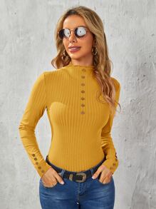 SHEIN Clasi Áo thun nữ Nút Xù nhỏ màu trơn Giải trí - Màu vàng - Xem 1