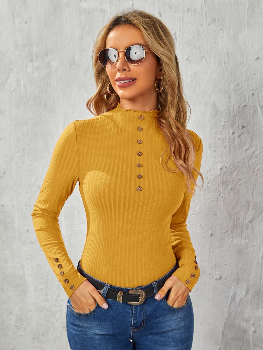 SHEIN Clasi Áo thun nữ Nút Xù nhỏ màu trơn Giải trí - Màu vàng - Xem 1