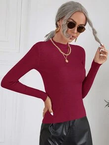 SHEIN Clasi Áo len nữ Gân đan màu trơn Cơ bản - Màu Đỏ Sâu - Xem 3