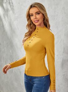 SHEIN Clasi Áo thun nữ Nút Xù nhỏ màu trơn Giải trí - Màu vàng - Xem 3