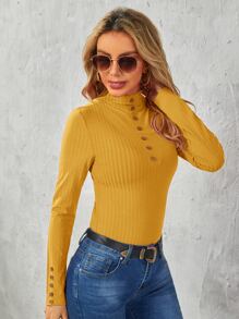 SHEIN Clasi Áo thun nữ Nút Xù nhỏ màu trơn Giải trí - Màu vàng - Xem 4