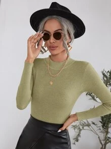 SHEIN Clasi Mock Neck Ribbed Knit Sweater - Olive Green - View 1