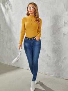 SHEIN Clasi Áo thun nữ Nút Xù nhỏ màu trơn Giải trí - Màu vàng - Xem 5