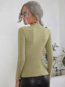 SHEIN Clasi Mock Neck Ribbed Knit Sweater - Olive Green - View 2
