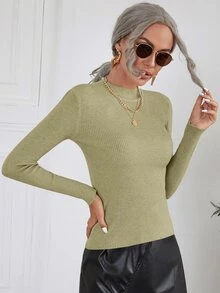 SHEIN Clasi Mock Neck Ribbed Knit Sweater - Olive Green - View 4