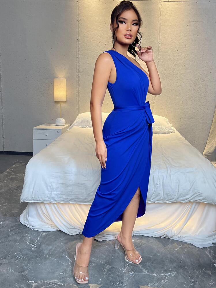 SHEIN Priv One Shoulder Wrap Hem Belted Dress | SHEIN