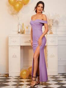 SHEIN Belle Foldover Off Shoulder Split Thigh Dress - Lilac Purple - View 3