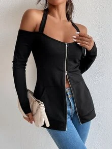 Sudadera de espalda abierta con bolsillo de canguro con cremallera tapeta - Negro - Ver 3