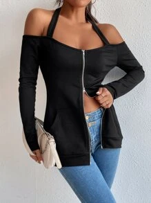 Sudadera de espalda abierta con bolsillo de canguro con cremallera tapeta - Negro - Ver 4