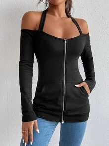 Sudadera de espalda abierta con bolsillo de canguro con cremallera tapeta - Negro - Ver 5