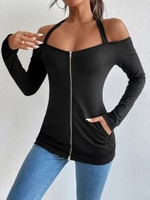 Sudadera de espalda abierta con bolsillo de canguro con cremallera tapeta - Negro - Ver 6