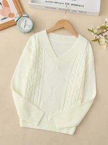 Girls Drop Shoulder Cable Knit Sweater - White - View 1