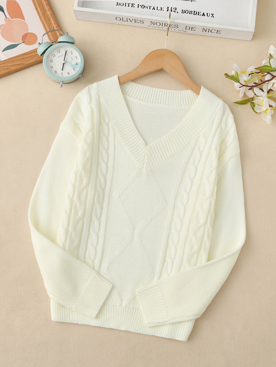 Girls Drop Shoulder Cable Knit Sweater - White - View 1