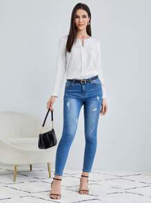 SHEIN Clasi 女士纯色缺口领白色衬衫、长袖上衣 - 白色 - 查看 5