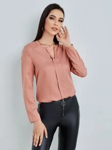 SHEIN Clasi Áo sơ mi nữ màu trơn Thanh lịch - Bụi hồng - Xem 3