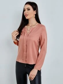 SHEIN Clasi Áo sơ mi nữ màu trơn Thanh lịch - Bụi hồng - Xem 4