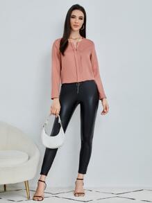 SHEIN Clasi Áo sơ mi nữ màu trơn Thanh lịch - Bụi hồng - Xem 5