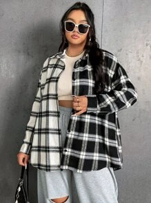 Flirla Plus Colorblock Plaid Drop Shoulder Shirt - Black and White - View 1