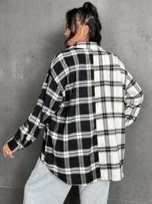Flirla Plus Colorblock Plaid Drop Shoulder Shirt - Black and White - View 2
