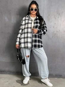 Flirla Plus Colorblock Plaid Drop Shoulder Shirt - Black and White - View 3