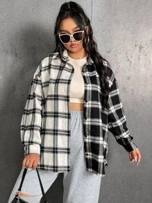 Flirla Plus Colorblock Plaid Drop Shoulder Shirt - Black and White - View 4