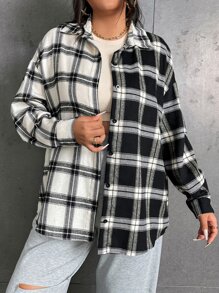 Flirla Plus Colorblock Plaid Drop Shoulder Shirt - Black and White - View 5