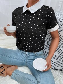 Mulvari Heart Confetti Dot Contrast Binding  Blouse - Black - View 1