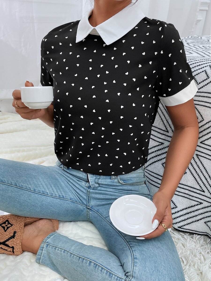Mulvari Heart Confetti Dot Contrast Binding Blouse - Black - View 1