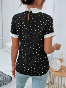 Mulvari Heart Confetti Dot Contrast Binding  Blouse - Black - View 2
