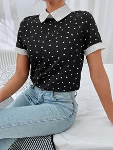 Mulvari Heart Confetti Dot Contrast Binding  Blouse - Black - View 3