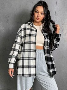 Flirla Plus Colorblock Plaid Drop Shoulder Shirt - Black and White - View 6