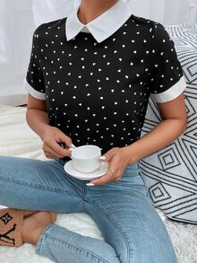Mulvari Heart Confetti Dot Contrast Binding  Blouse - Black - View 4