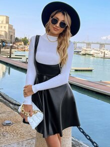 SHEIN Privé 喇叭下擺PU皮革不帶T恤背帶裙 - 黑色 - 查看 3