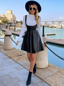 SHEIN Privé 喇叭下擺PU皮革不帶T恤背帶裙 - 黑色 - 查看 5