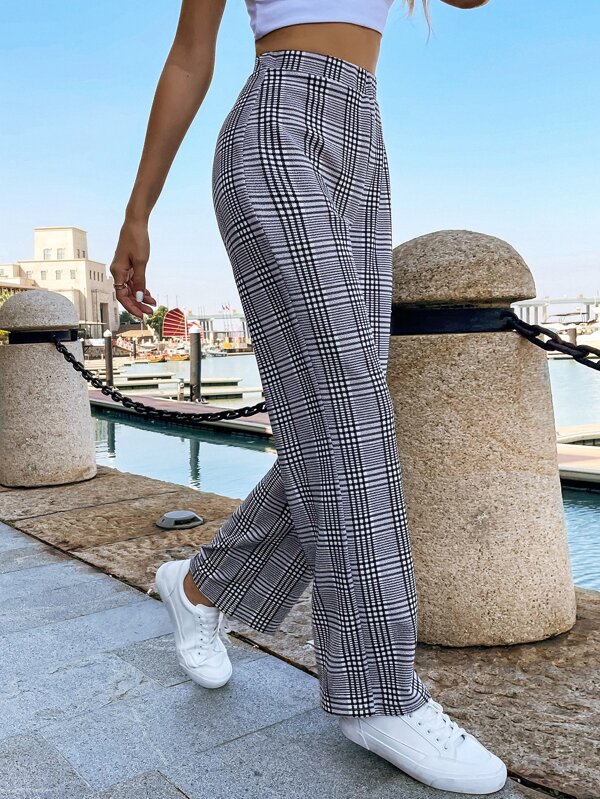 SHEIN EZwear Plaid Print High Waist Pants SHEIN USA