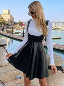 SHEIN Privé 喇叭下擺PU皮革不帶T恤背帶裙 - 黑色 - 查看 6