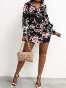 Plus Floral Print Ruched Side Bodycon Dress - Multicolor - View 4