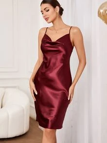 垂領緞面吊帶睡裙 - 酒紅色 - 查看 3