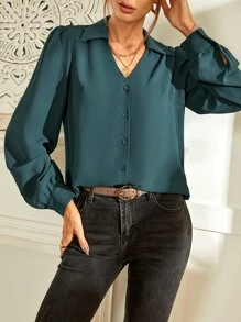 Button Up Blouson Sleeve Shirt - Teal Blue - View 1