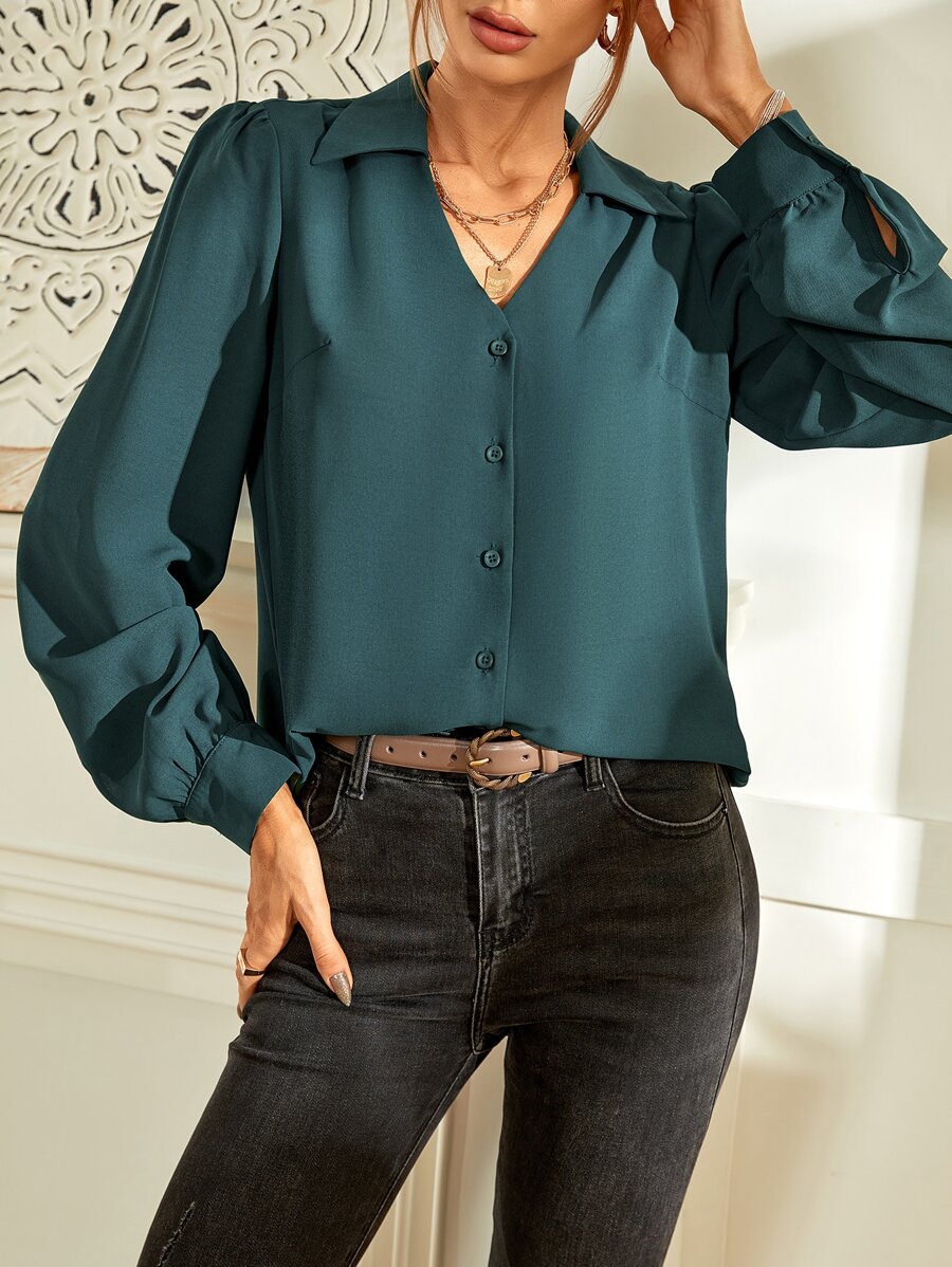Button Up Blouson Sleeve Shirt - Teal Blue - View 1