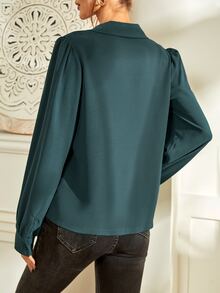 Button Up Blouson Sleeve Shirt - Teal Blue - View 2