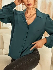 Button Up Blouson Sleeve Shirt - Teal Blue - View 3