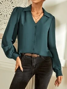 Button Up Blouson Sleeve Shirt - Teal Blue - View 6