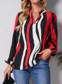 Wave Striped Print Notched Neckline Blouse - Multicolor - View 1