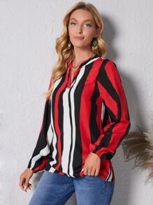Wave Striped Print Notched Neckline Blouse - Multicolor - View 3