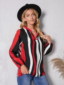 Wave Striped Print Notched Neckline Blouse - Multicolor - View 4