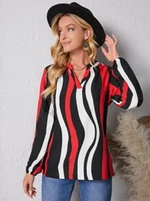 Wave Striped Print Notched Neckline Blouse - Multicolor - View 5