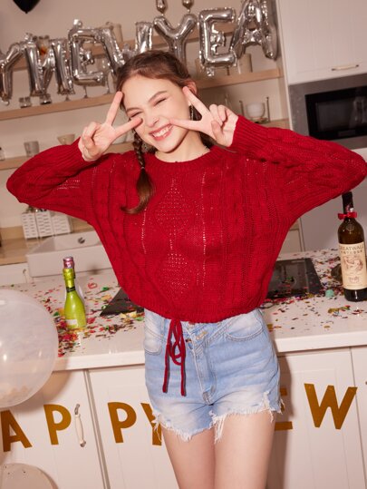 كنزة صوفية بخطاطيف وحزام قابل للسحب من الكابل المحبوك، ملابس علوية أكمام طويلة